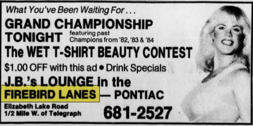 Firebird Lanes (Huron Bowl, JBs Lounge) - Nov 1984 Ad